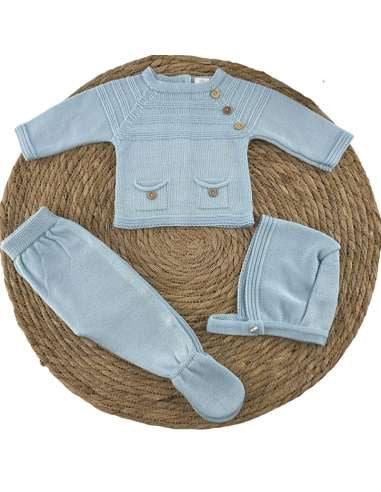 size 3m, 6004 BLUE WOOL BABY SET THREE PIECES BRAND PELOTTAS