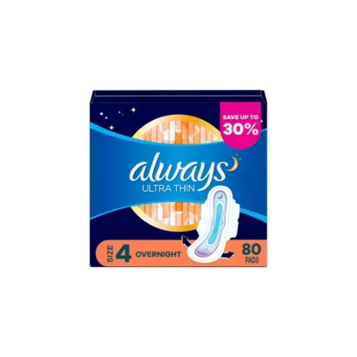 Always Ultra Thin Overnight Pads with Flexi-Wings, Unscented, Size 4, 80 ct. - BUSINESS ONLY