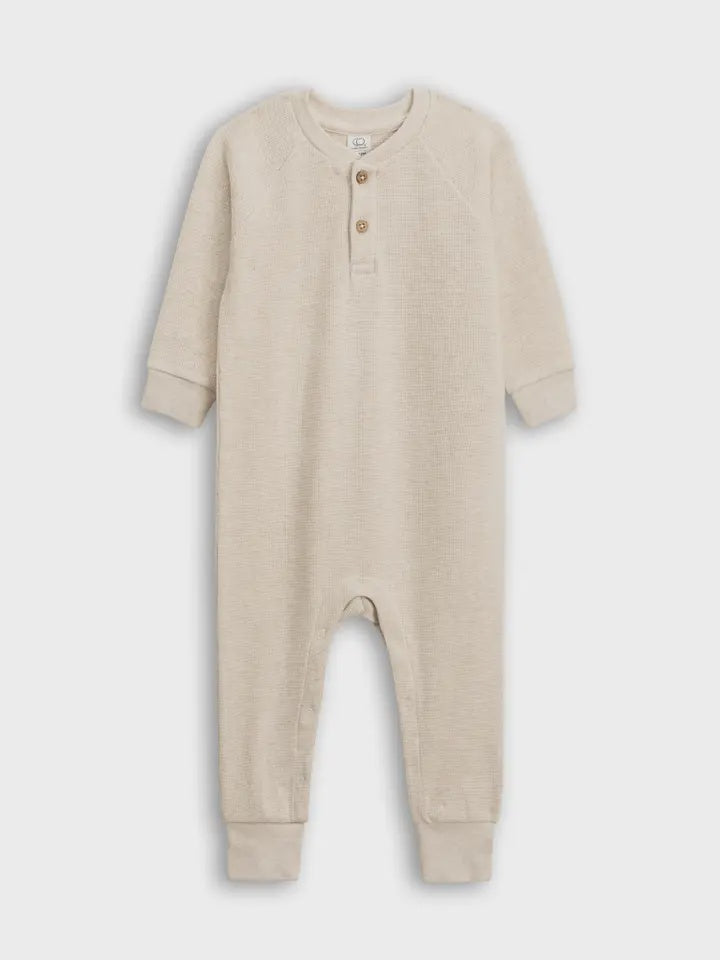 Organic Baby Crosby Waffle Henley Romper - Heather Oat | 0-3M