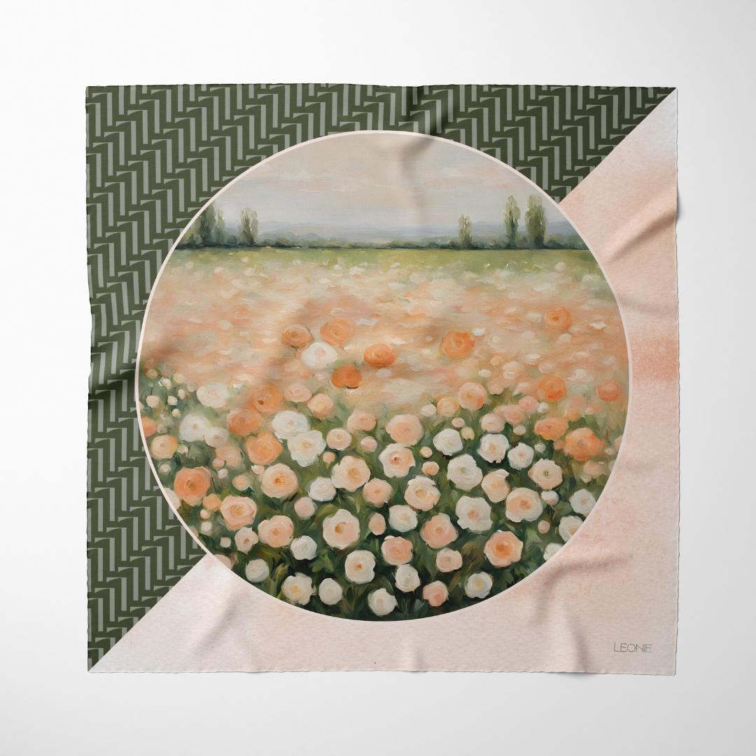 LEONIE, 90cm Silk Scarf, Odette in Peach & Green