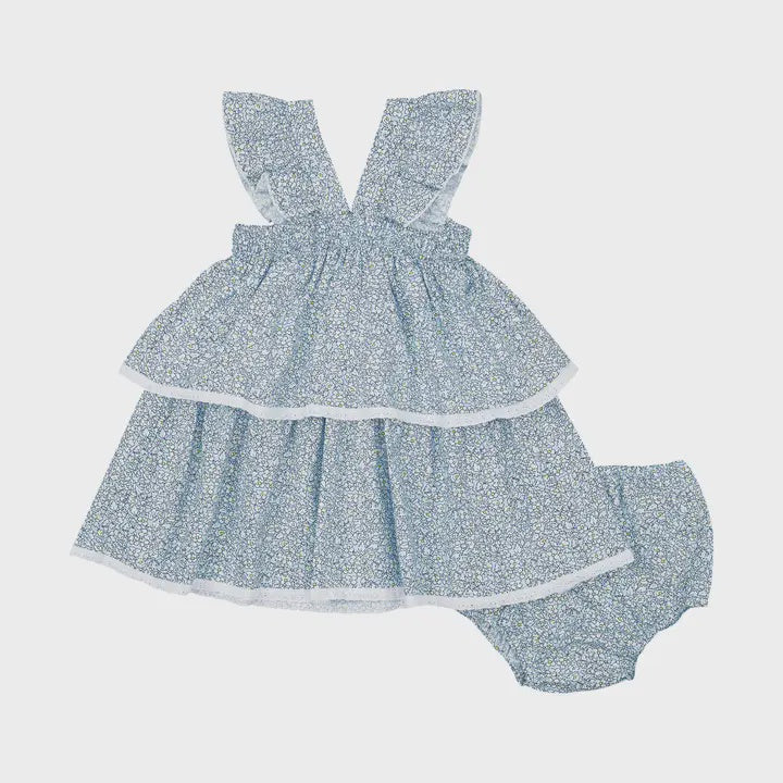 Blue Floral Tiered Dress + Bloomer | 3m