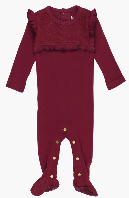 L'ovedbaby Lace Trim Organic Cotton Footie, Cranberry (6-9m)