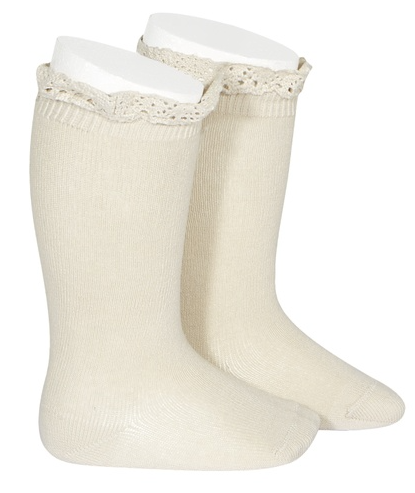 24092  Knee High Lace Cuff Socks, Size 2, Color LINEN