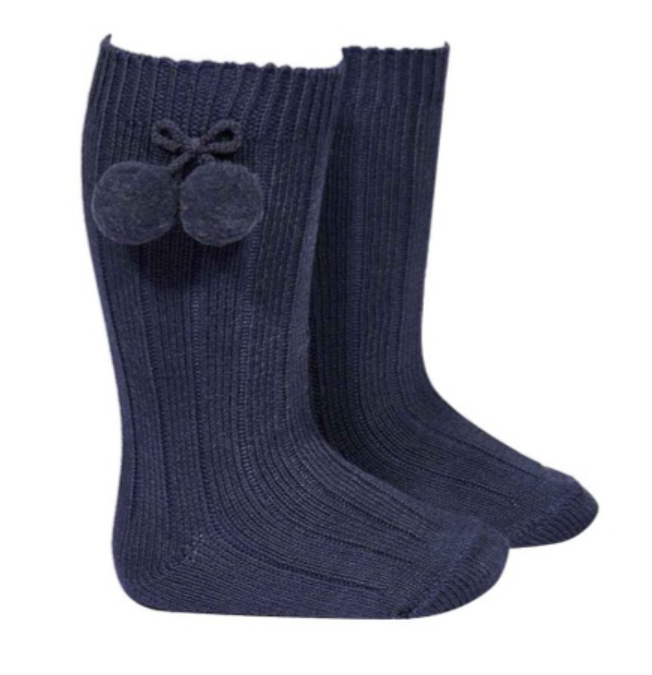 Warm Cotton Rib Knee High Socks w/Pompoms (Size: 4Y, Color: 480 (Navy Blue))