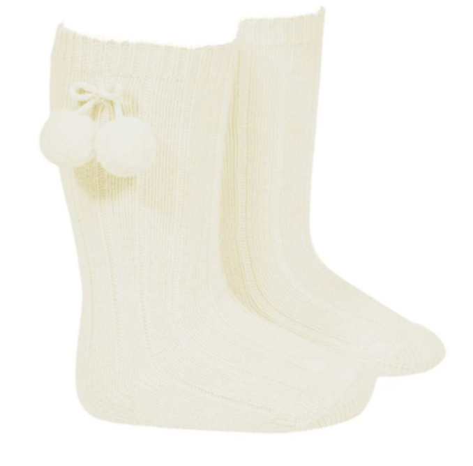 Warm Cotton Rib Knee High Socks w/Pompoms ( Size: 0, Color: 303 (Cream))