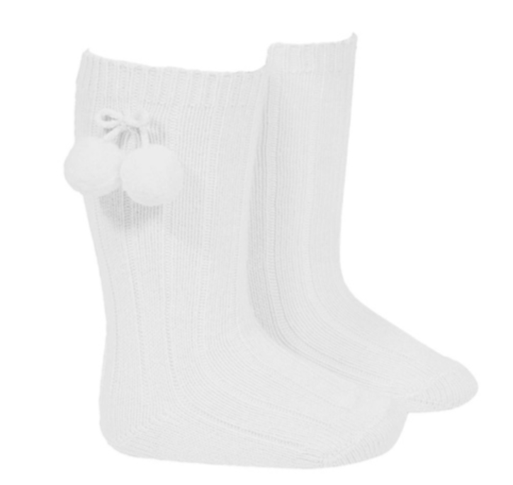Warm Cotton Rib Knee High Socks w/Pompoms ( Size: 00, Color: 200 (White))