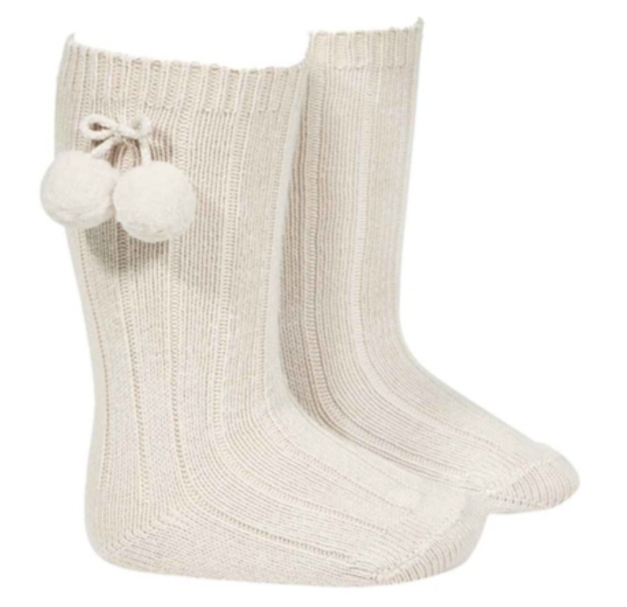Warm Cotton Rib Knee High Socks w/Pompoms ( Size: 000, Color: 304  (Linen))