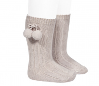 Warm Cotton Rib Knee High Socks w/Pompoms ( Size: 00, Color: 334 (Stone))