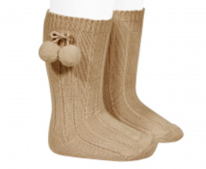 Warm Cotton Rib Knee High Socks w/Pompoms (Size:0, Color 326 (Camel))