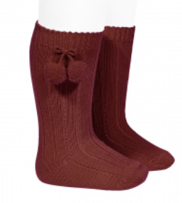 Warm Cotton Rib Knee High Socks w/Pompoms (Size: 2Y, Color: 572 (Burgundy))