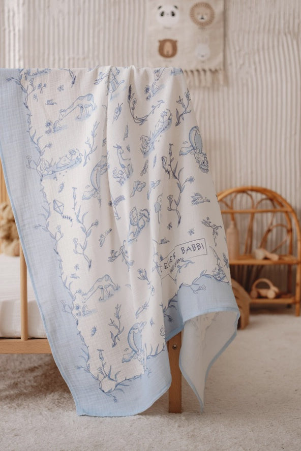 Double-Layer Muslin Blanket - Toile De Jouy/Blue 39.3” x 39.3