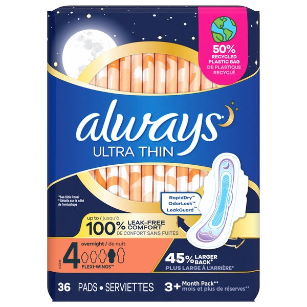 Always Ultra Thin Size 4 Overnight with wings, 36 ct