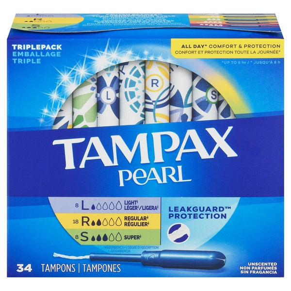 Tampax Pearl Tampons 8 Light/18 Regular/8 Super Unscented 34 ct.