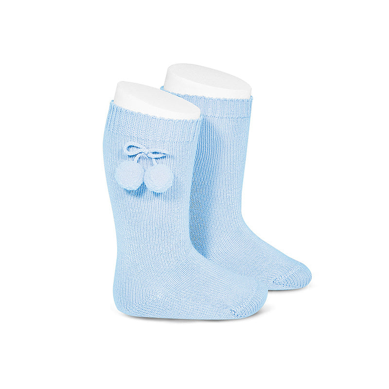 Warm Cotton Rib Knee High Socks w/Pompoms ( Size: 000, Color: 410 (Light Blue))