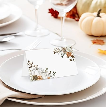 White Place Cards w/ Watercolor Pumpkins & Floral