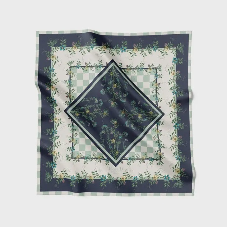 Green Flower Dot Checker silk scarf | 90x90