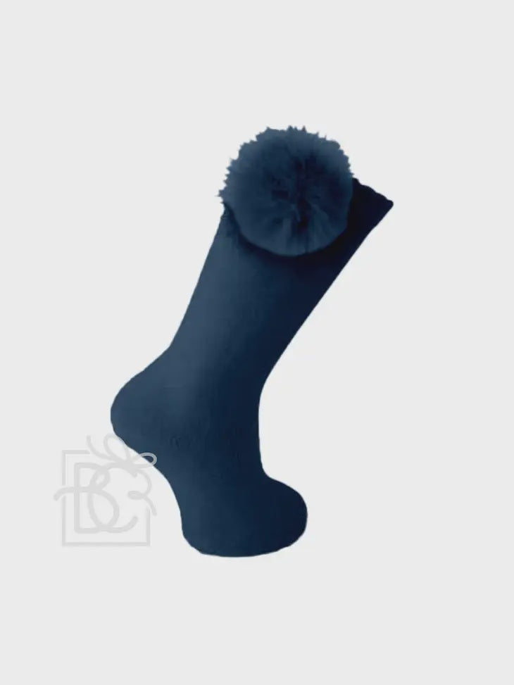 Knee Socks with Fur Pompom - Navy, 12-18M