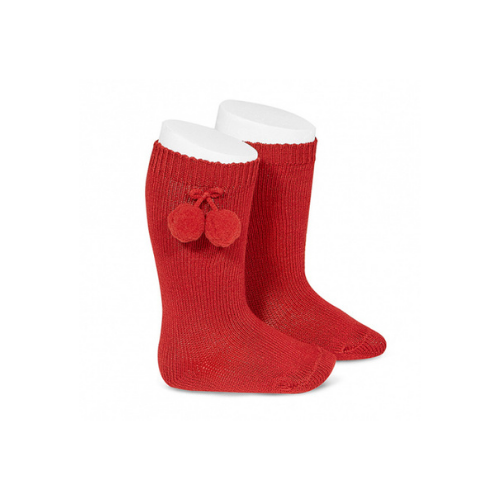 Perle Knee High Socks w/Pompoms (Size: 12M, Color: Red)