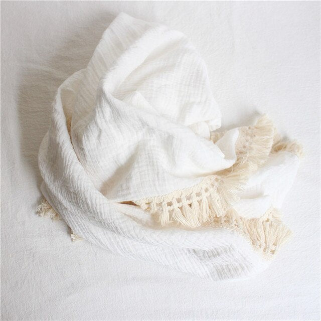 Cotton Muslin Swaddle Blanket w/Tassels, White