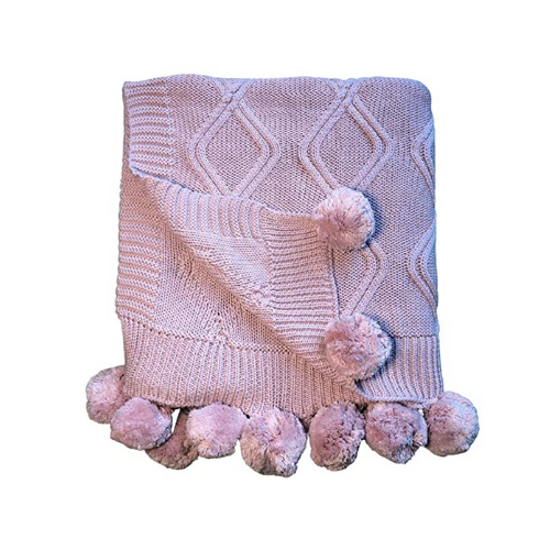 Linen Perch Luxury Cable Knit Pom Pom Blanket - Pink