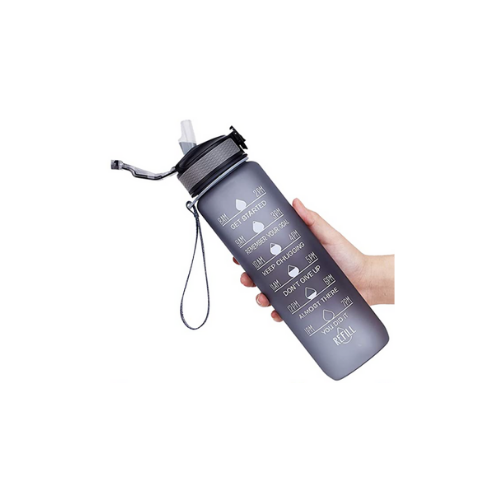 Plastic Water Bottle w/Time Marker & Straw 32oz - Gray