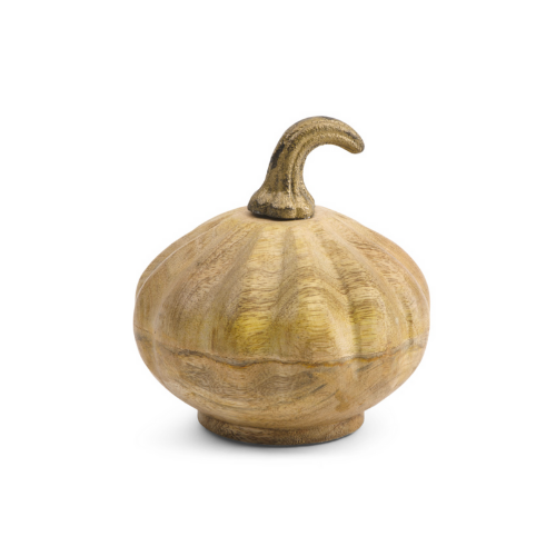 Natural Wood Pumpkin w/Gold Stem Decor