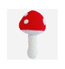 Crochet baby rattle mushroom in red and white