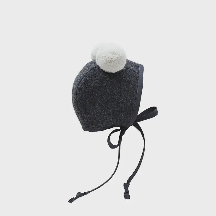 Charcoal Double Pom Bonnet Cotton-Lined, size 3-6m