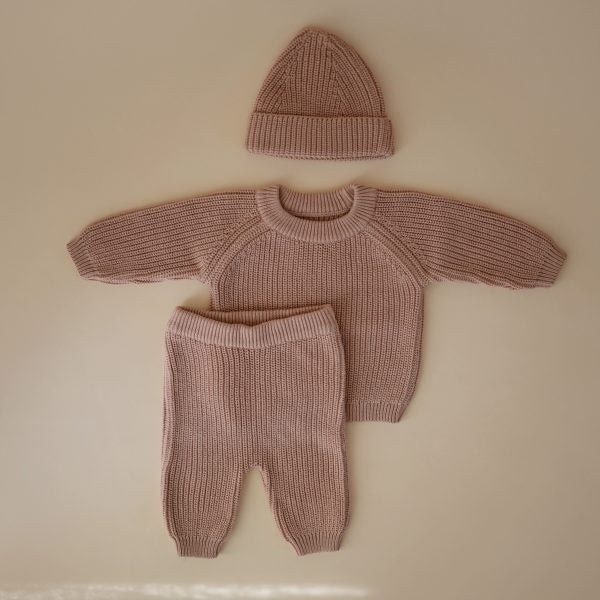 Chunky Knit Sweater, Pants, & Hat (Blush, 3-6m)