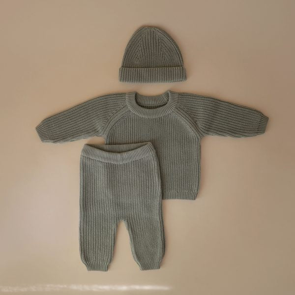 Chunky Knit Sweater, Pants, & Hat (Mint, 6-9m)