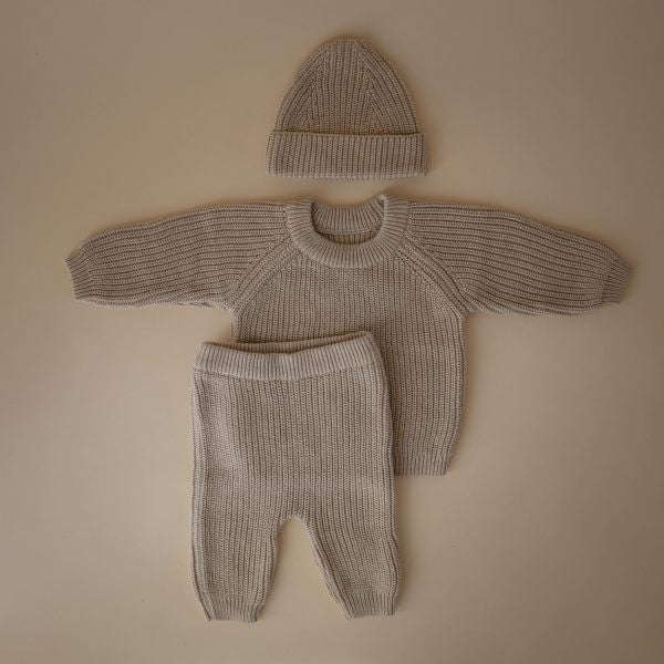 Chunky Knit Sweater, Pants, & Hat (Beige, 0-3m)