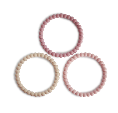 Mushie Pearl Teething Bracelets - 3pk - Linen/Peony/Pale Pink