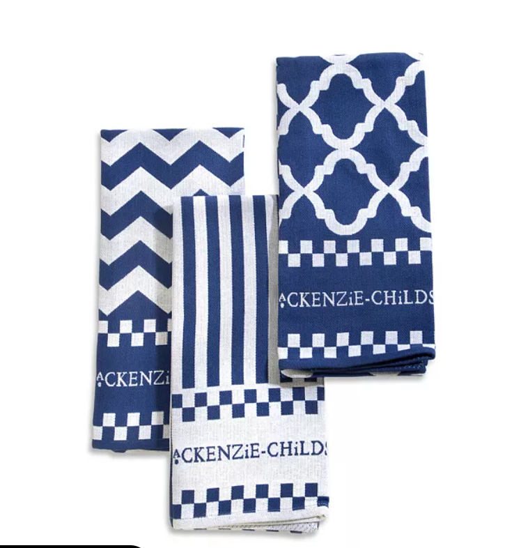 MacKenzie Childs Blue & White Zig Zag Dish Towels - Set of 3