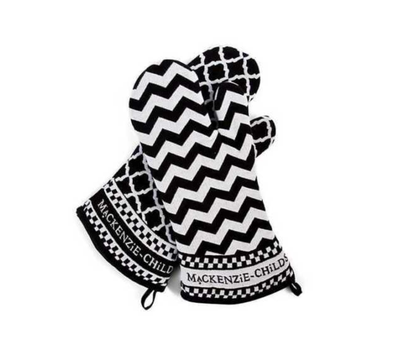 MacKenzie Childs Black & White Zig Zag Oven Mitts - Set of 2