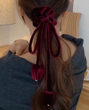 Velvet Scrunchie w/Bow, Wine Red