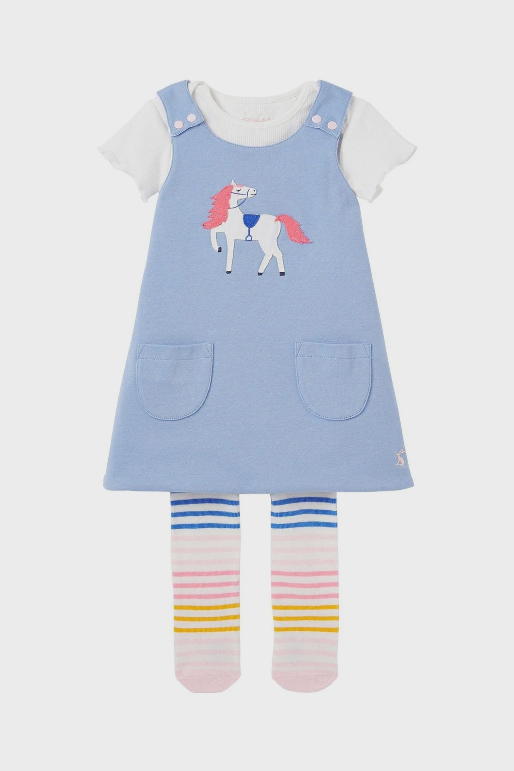 Joules Girls Blue Horse 3 Piece Dress Set, 18-24m